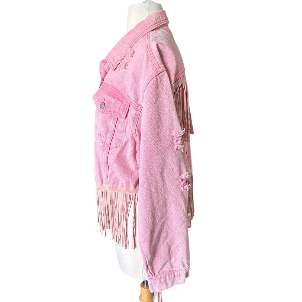 Cropped Pink Distressed Fringe Denim Jean Jacket L Western Cowgirl Festival